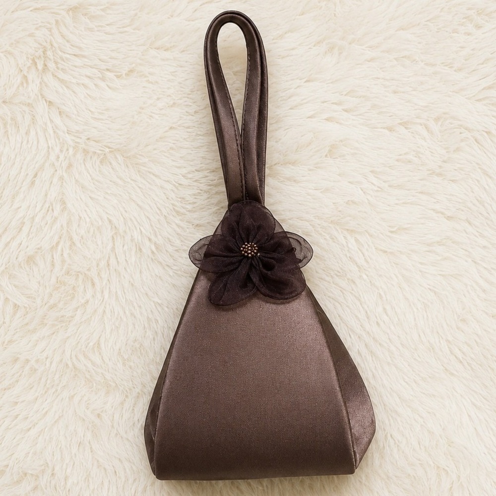 Moni Couture Womens Brown Satin Pyramid Wristlet Evening Bag Floral Accent Italy